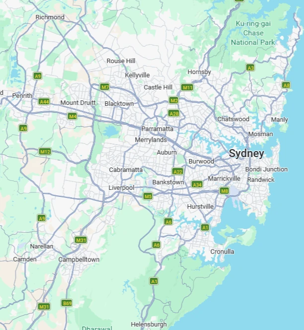 Sydney region map showing the maximum area considered for BBQ cleaning enquiries